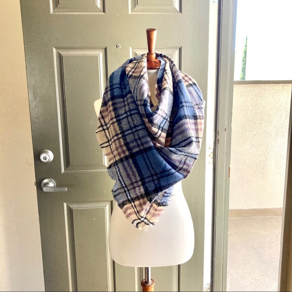 Blue Plaid Cashmere Acrylic Blend Scarf Shawl